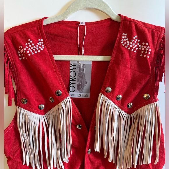 Oyrosy Western Cowboy Style Red Suede Silver Button Beige Tassel Jumpsuit NWT - Picture 7 of 12